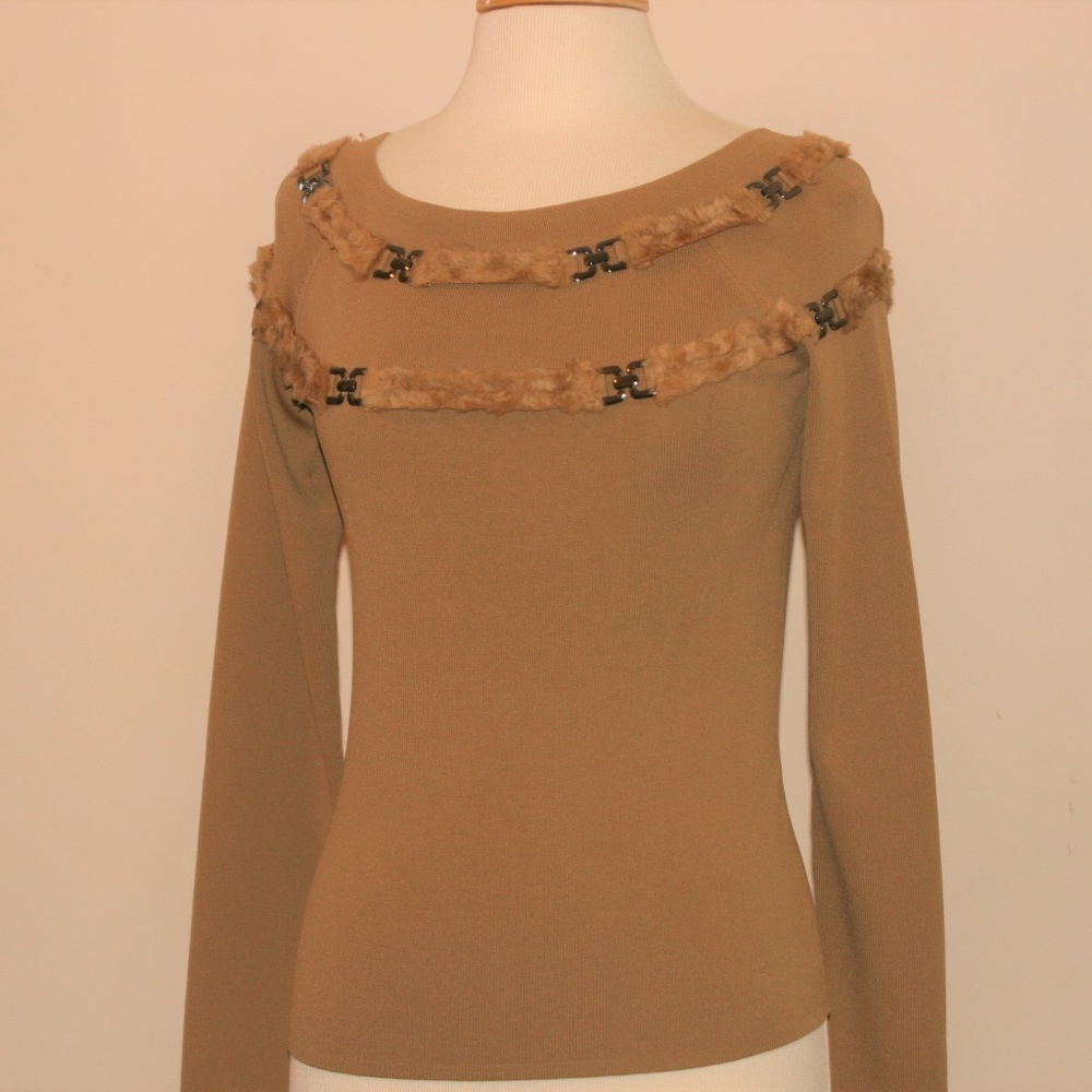 Tan sweater with Faux Fur Embellishment